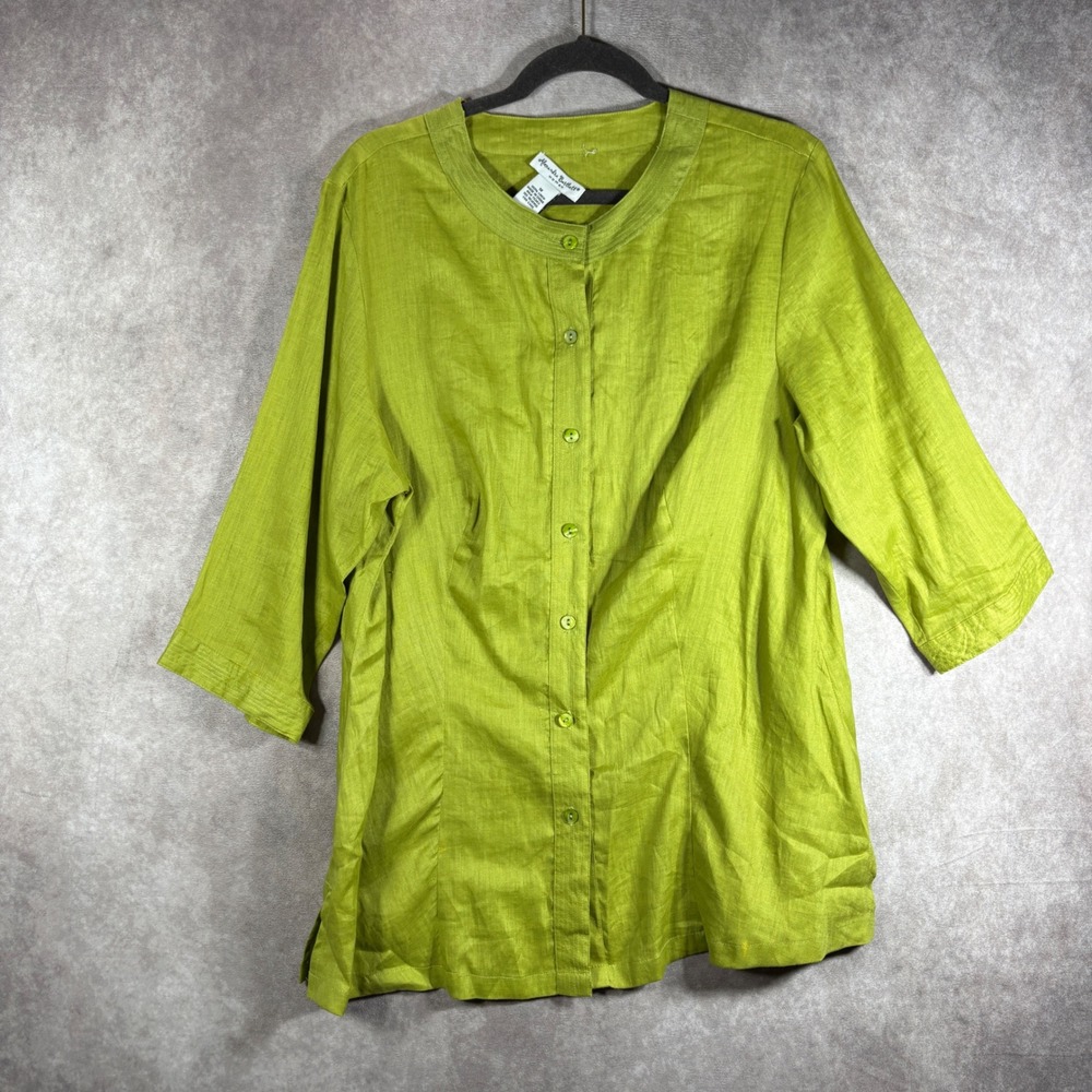Alexandra Bartlett Shirt Womens 1X Green Linen Button Up Tunic 3/4 Sleeve Casual
